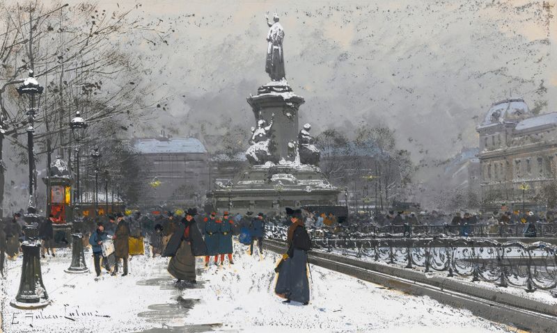 La Place De La République de Eugène Galien-Laloue, óleo impresionista de una plaza parisina nevada.