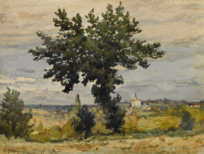 L’arbre au bord du chemin de Henri-Joseph Harpignies, realismo, retrata uma árvore ao longo de um caminho com luz suave.