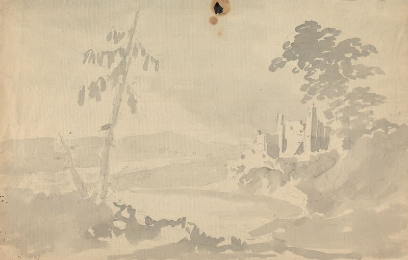 Paisagem com Castelo e Rio, óleo sobre tela de William Gilpin