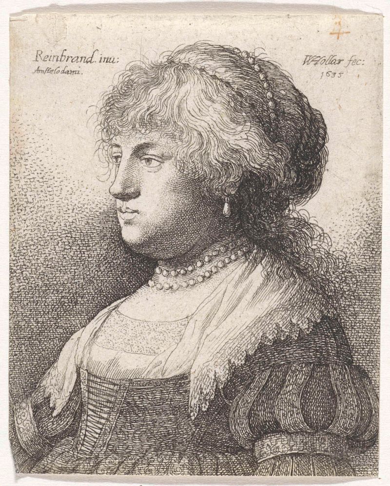 Retrato de Saskia com um colar de pérolas no cabelo, gravura de Wenceslaus Hollar