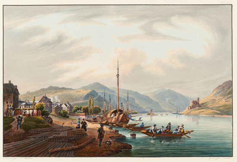 Paisagem com um castelo e um rio de Johann Ludwig Bleuler, pintura a óleo.