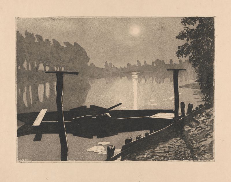 Pintura al óleo de Arend Hendriks que muestra un bote en un muelle