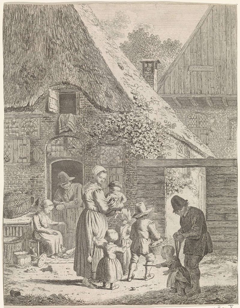 Genre scene etching by Johannes Christiaan Janson depicting farmers and children in a rural setting