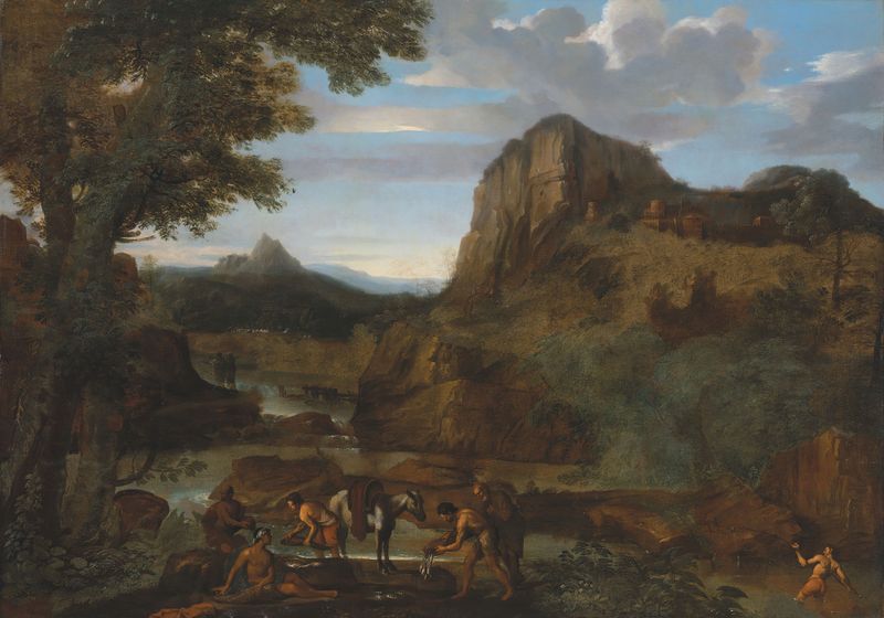Un paisaje rocoso de río con pescadores, óleo sobre lienzo de Giovanni Francesco Grimaldi