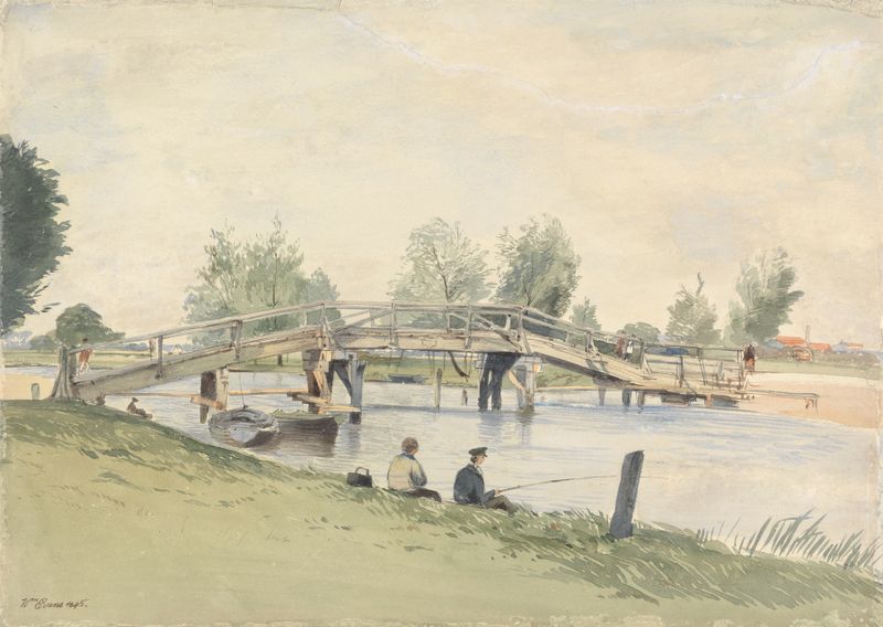 A Rustic Bridge over the Thames, oil on canvas by William Evans of Eton, featuring anglers by the river.