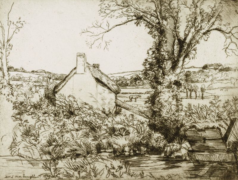 La cabaña del molinero de Donald Shaw MacLaughlan, óleo sobre lienzo, muestra una cabaña rodeada de árboles.