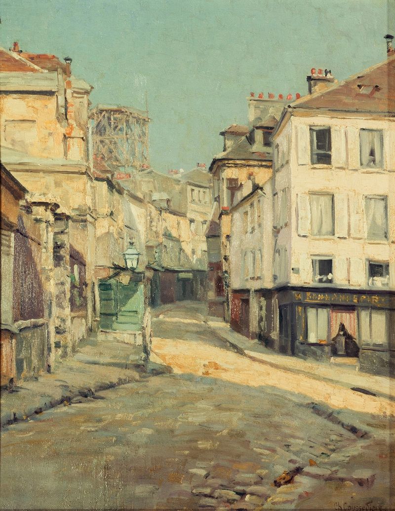 La Rue Norvins à Montmartre by Charles Jean Coussedière, oil on canvas depicting a cobblestone street.