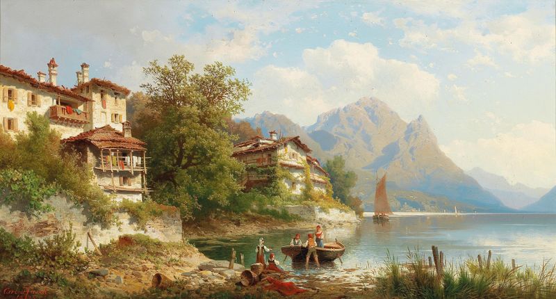 Luminous lake scene with hills and sunlight, oil on canvas by Carl Hasch