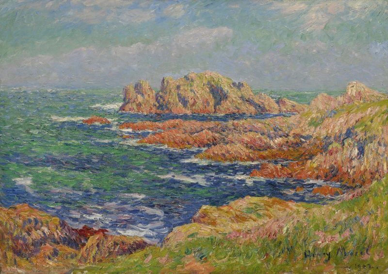 Les Rochers à Quessant de Henry Moret, pintura a óleo que retrata uma paisagem costeira rochosa.