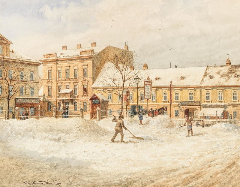 Cena de rua coberta de neve com figuras limpando, óleo sobre tela de Edmund Krenn