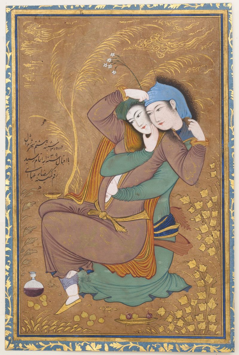 The Lovers de Riza-yi 'Abbasi, meio ouro, retratando um abraço íntimo.