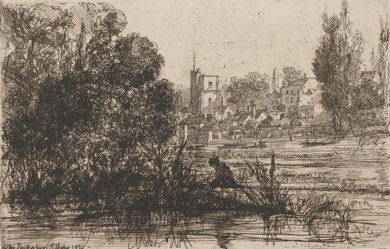 Gravura de Twickenham Church de Francis Seymour Haden, com um rio tranquilo e árvores.