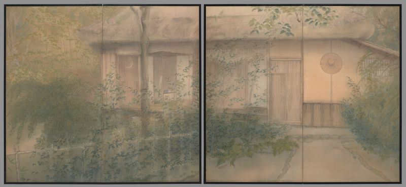 Scholar’s Studio: Rakushisha no aki by Hatta Kōyō, silk artwork depicting a tranquil autumn interior