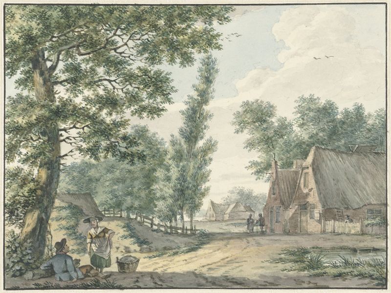 Landschap met twee personen onder een boom de Izaak Schmidt, duas figuras sob uma árvore, pintura a óleo