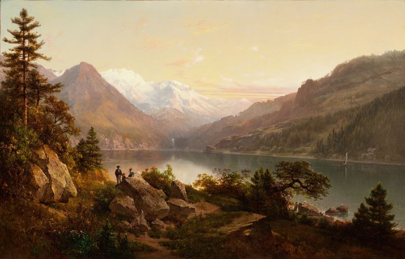 Emerald Bay, Lake Tahoe by Thomas Hill, oil painting depicting a serene lake and rugged cliffs.
