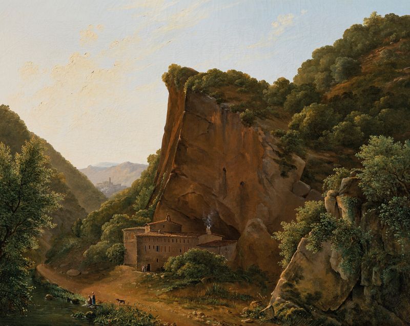 Un paisaje de Polydore de Bec, pintura al óleo que muestra un horizonte con colores degradados y vegetación exuberante.