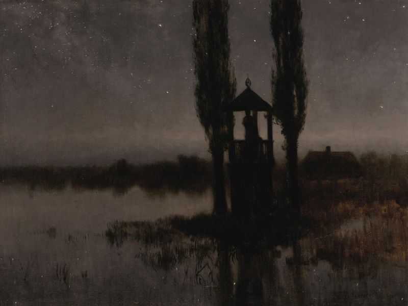 Nocturnal Marshland by Józef Rapacki, oil on canvas depicting a moonlit marsh landscape