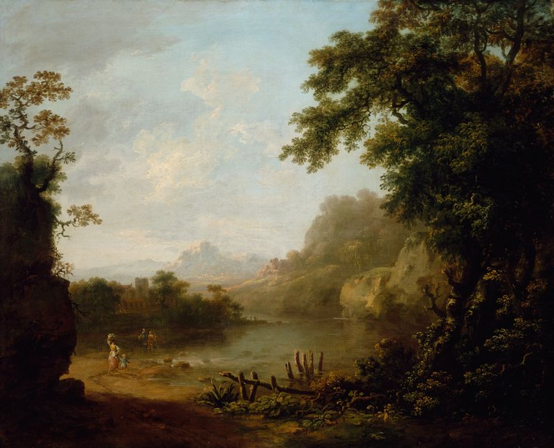 An Italianate wooded river landscape with figures, oil painting by George Barret