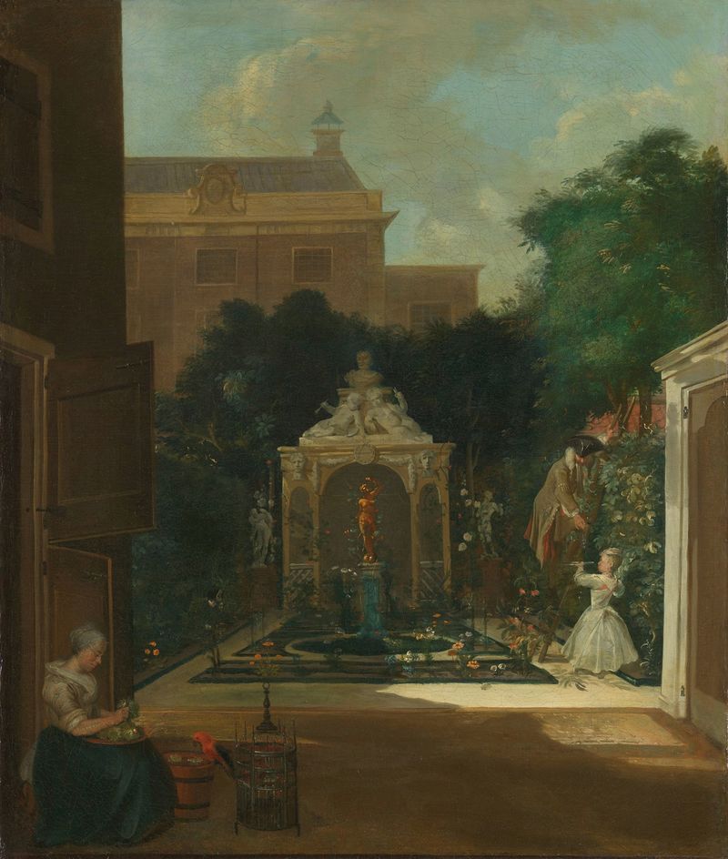 Um jardim de casa de canal em Amsterdã de Cornelis Troost, pintura a óleo que retrata um casal junto a um canal.