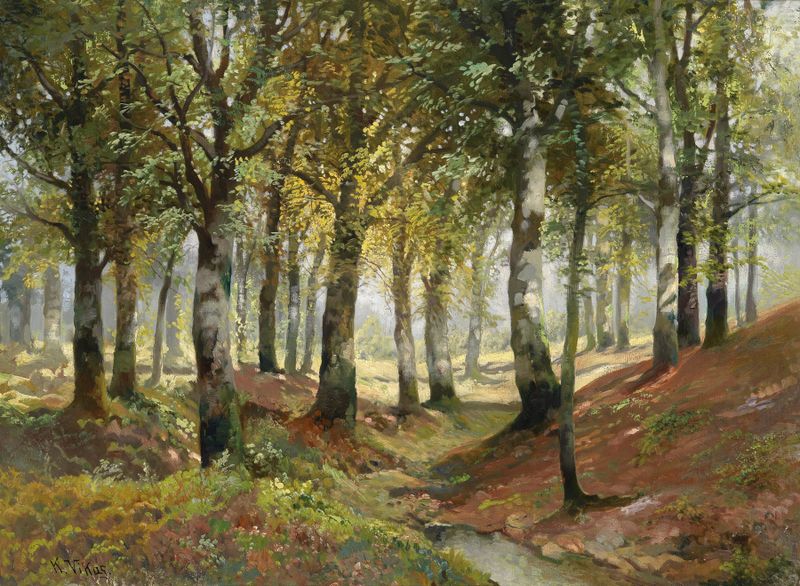 Waldlandschaft by Karl Vikas, oil painting depicting a lush forest with vibrant greens and soft hues.