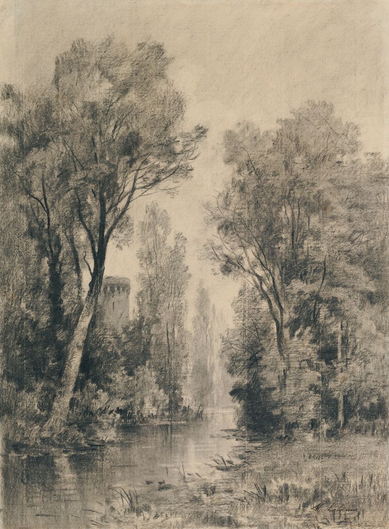 Castillo que mira un río, óleo sobre lienzo de Maxime Lalanne