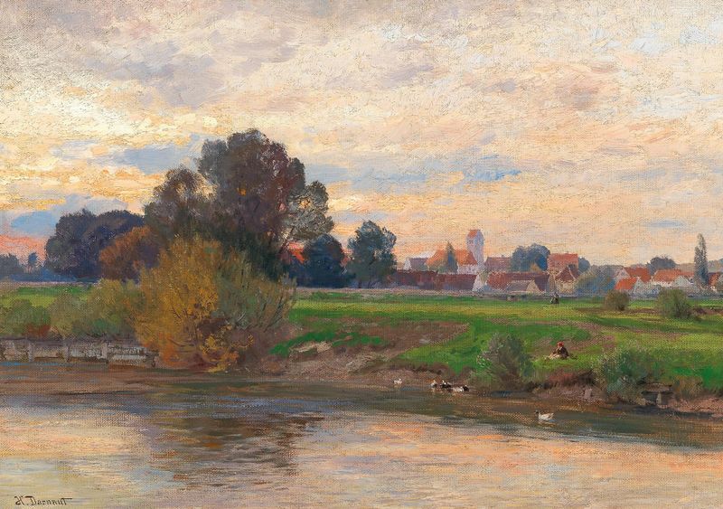 Abendlandschaft Etzenhausen de Hugo Darnaut, óleo que representa un paisaje al atardecer con colinas.