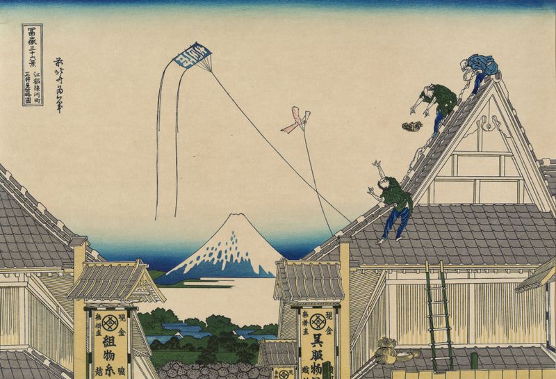 Ukiyo-e de Katsushika Hokusai con patrones intrincados y colores serenos.