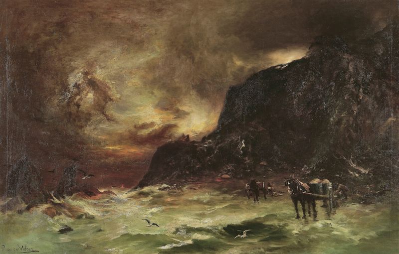 Storm at Wellington Heads, oil painting by Petrus van der Velden showing turbulent clouds and sea.