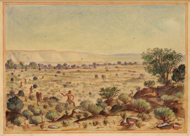 Men Hunting Rabbits, realismo, Unknown Artist, caçadores na natureza