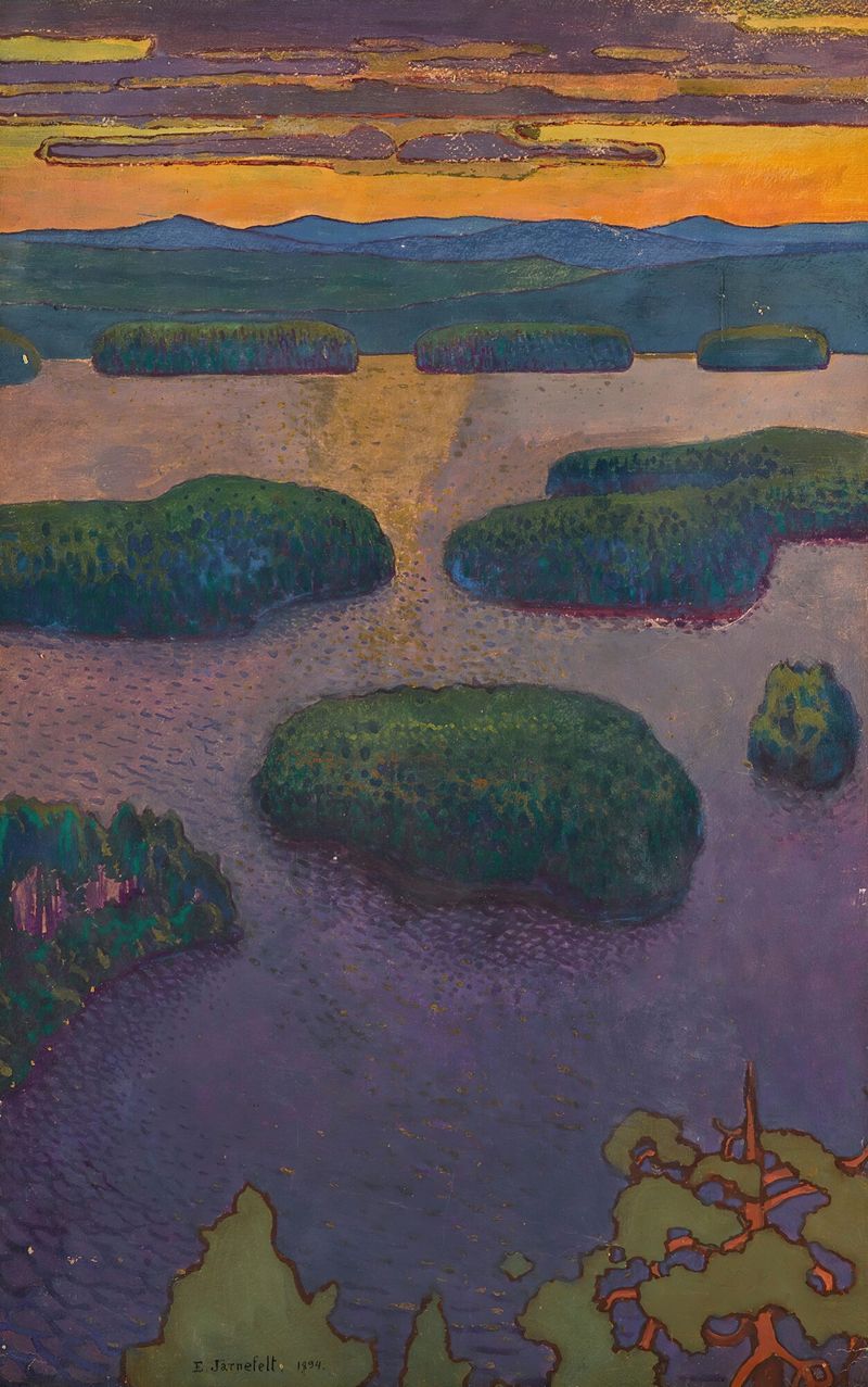 Atardecer sobre un lago, pintura al óleo de Eero Järnefelt, con colores del crepúsculo reflejados en el agua.