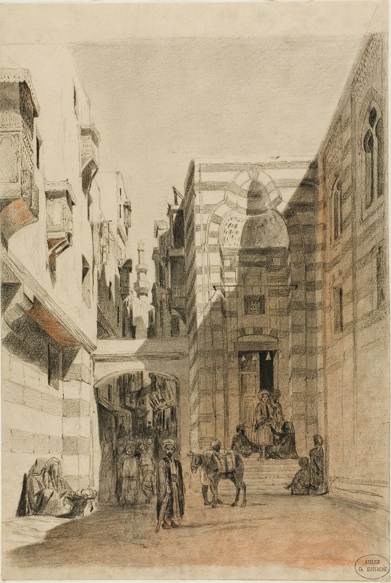 Egyptian Street Scene by Charles François Eustache, oil painting depicting a vibrant marketplace.