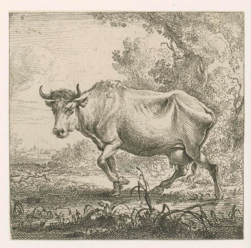 Lopende koe gravura de Nicolaes Pietersz Berchem mostrando uma vaca em uma paisagem pastoral