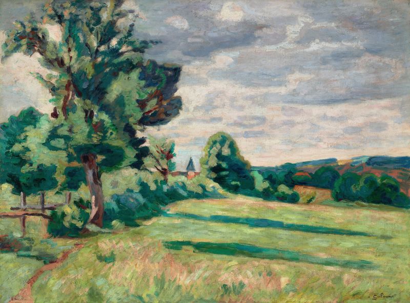 Paisaje de colinas y granjas en pintura al óleo de Armand Guillaumin