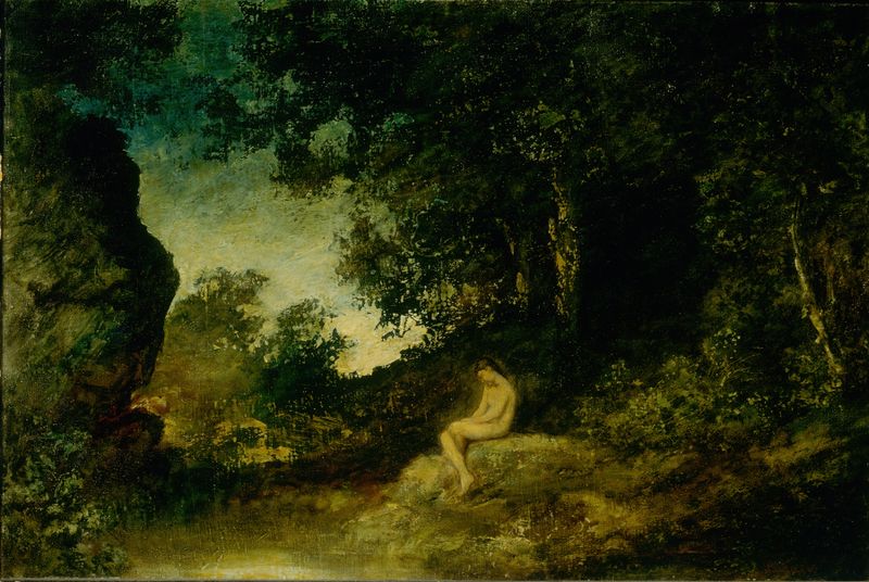 Lago sereno refletindo cores da natureza, óleo sobre tela de Ralph Albert Blakelock