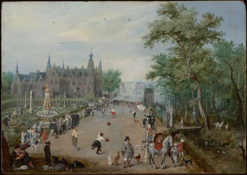 A Ball Game Before a Country Palace, pintura a óleo de Adriaen van de Venne mostrando crianças brincando.