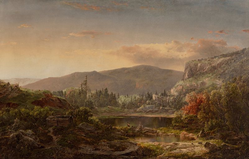 Mountain landscape with sunlight over the river, oil painting by William Louis Sonntag