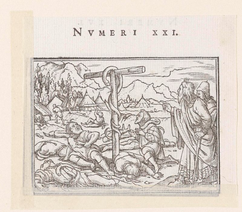 Oprichting van de koperen slang de Hans Holbein (II), meio papel, com uma serpente de cobre e figuras.