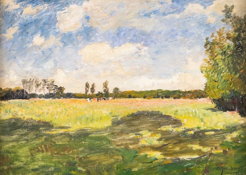 Paisaje de verano de August Jernberg, óleo sobre lienzo que representa colinas verdes y luz cálida.