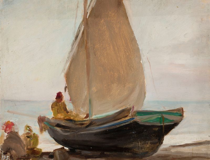 Pintura a óleo de Jan Ciągliński mostrando um barco na água na Crimeia