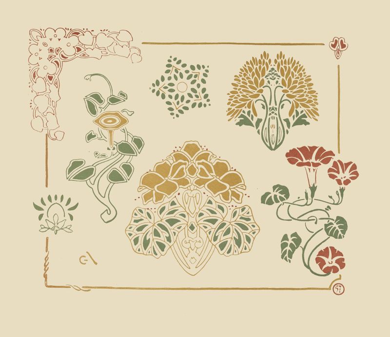 Abstract design featuring leaves and trumpet-shaped flowers, by George Auriol