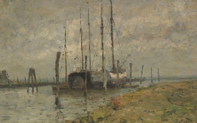 Sailboat in harbor by Rudolf Höckner, impressionist style