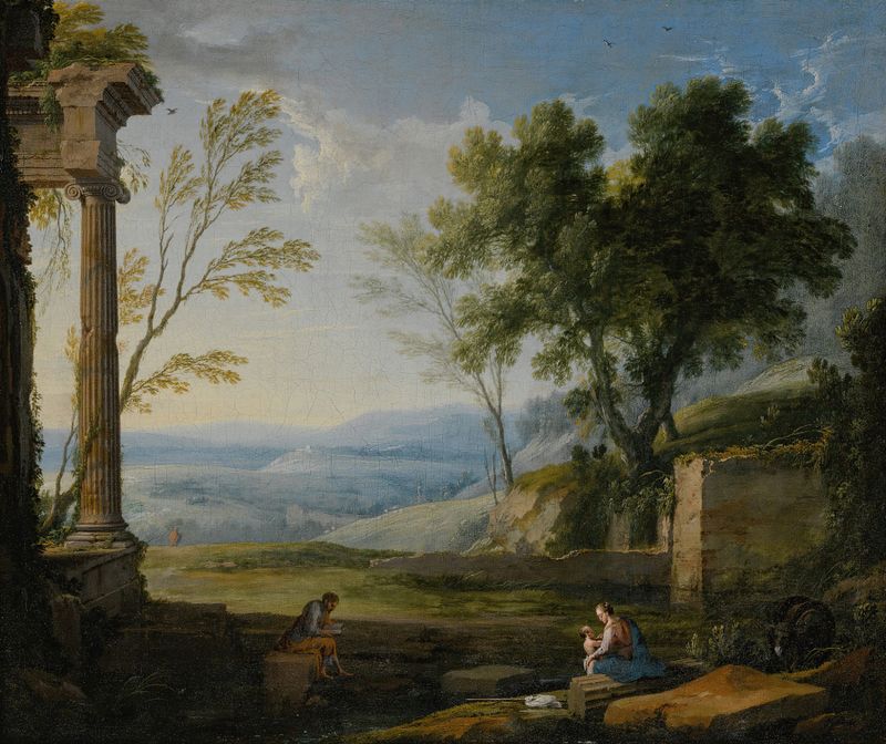 Classical landscape with ancient ruins and figures, oil on canvas by Pierre Patel the elder