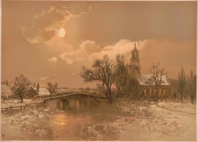 Moonlight in winter by George Herbert McCord, oil on canvas depicting a winter landscape.