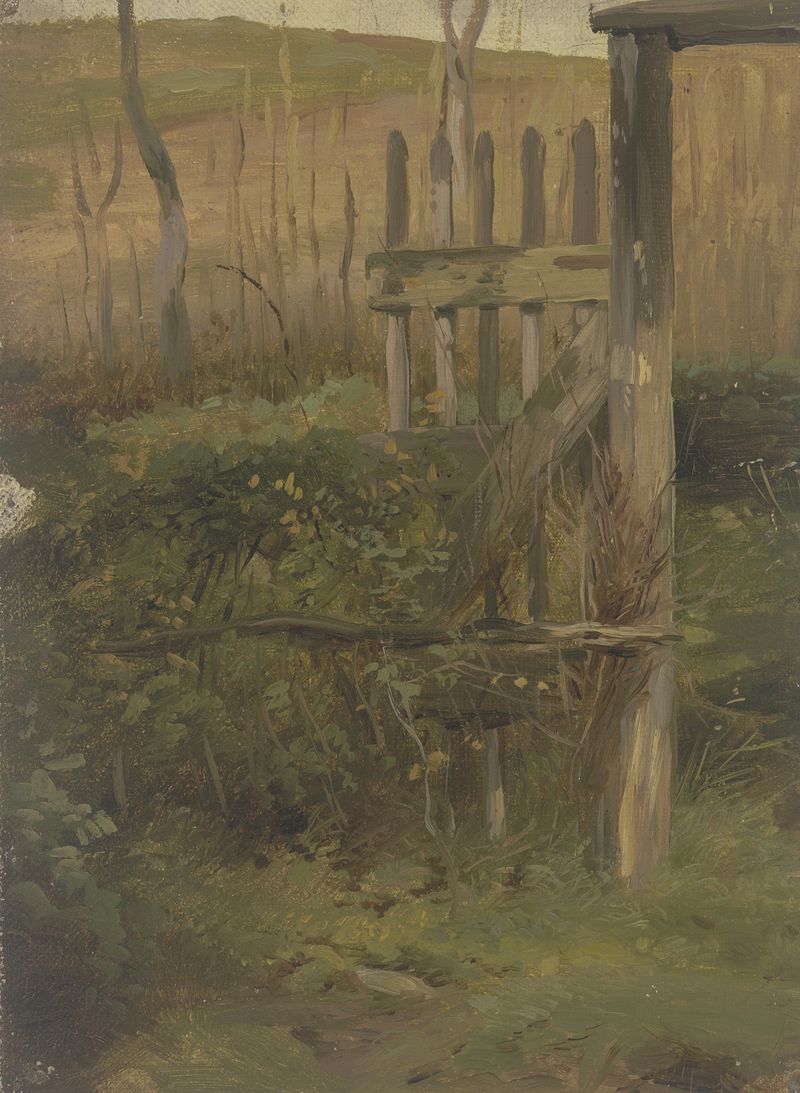 Paisagem com um portão desgastado levando a um campo de Jakob Becker