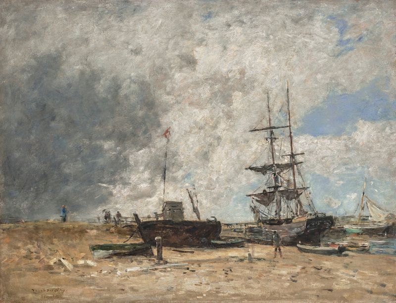 Le rivage de Trouville, marée basse de Eugène Boudin, óleo de una escena costera.
