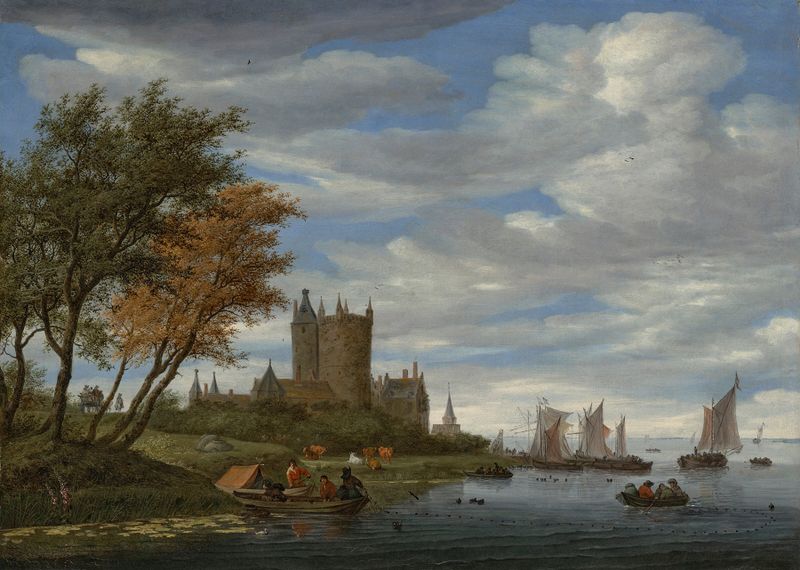 Pintura al óleo de Salomon van Ruysdael que muestra un estuario con veleros y un castillo.