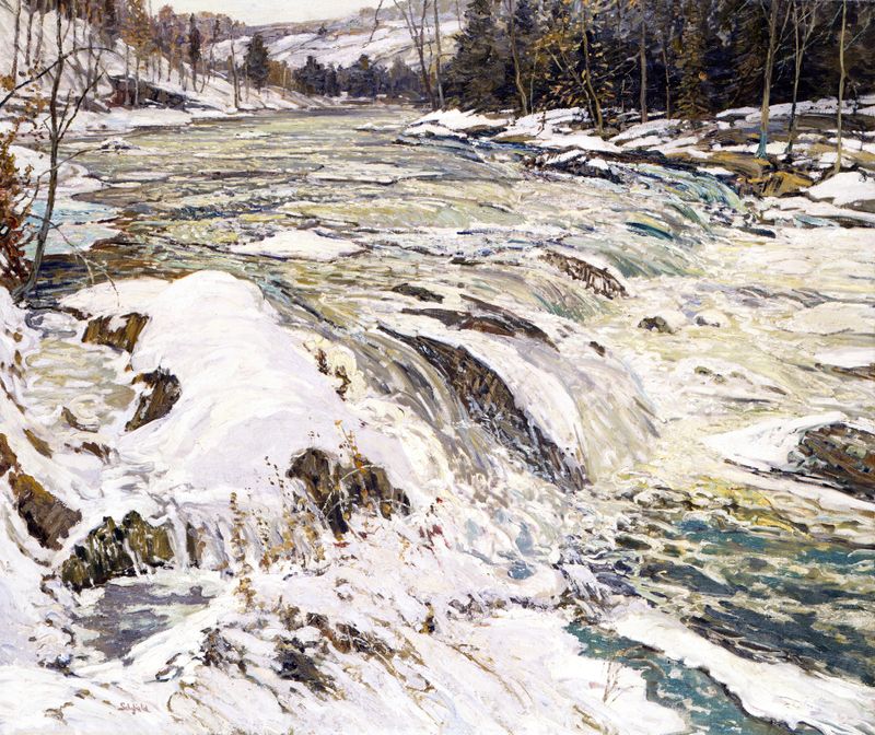 Cascading rapids in oil on canvas by Walter Elmer Schofield