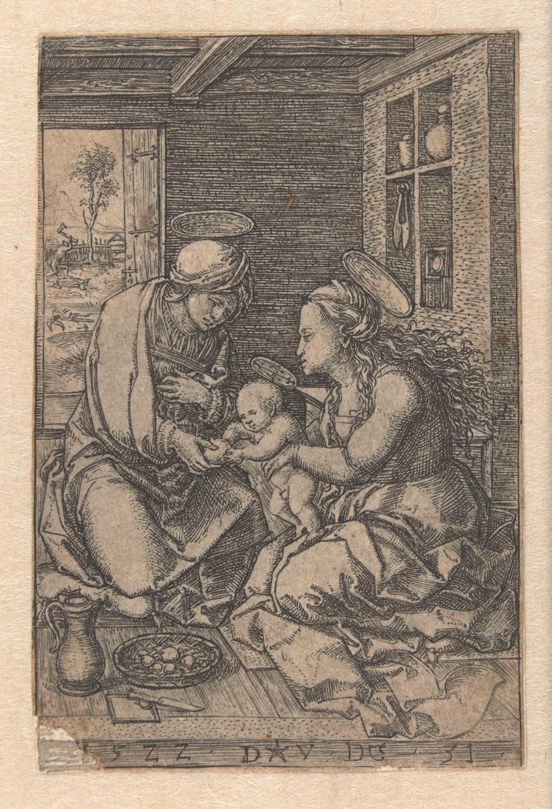 Engraving by Dirck Vellert showing Mary cradling the child with Saint Anne