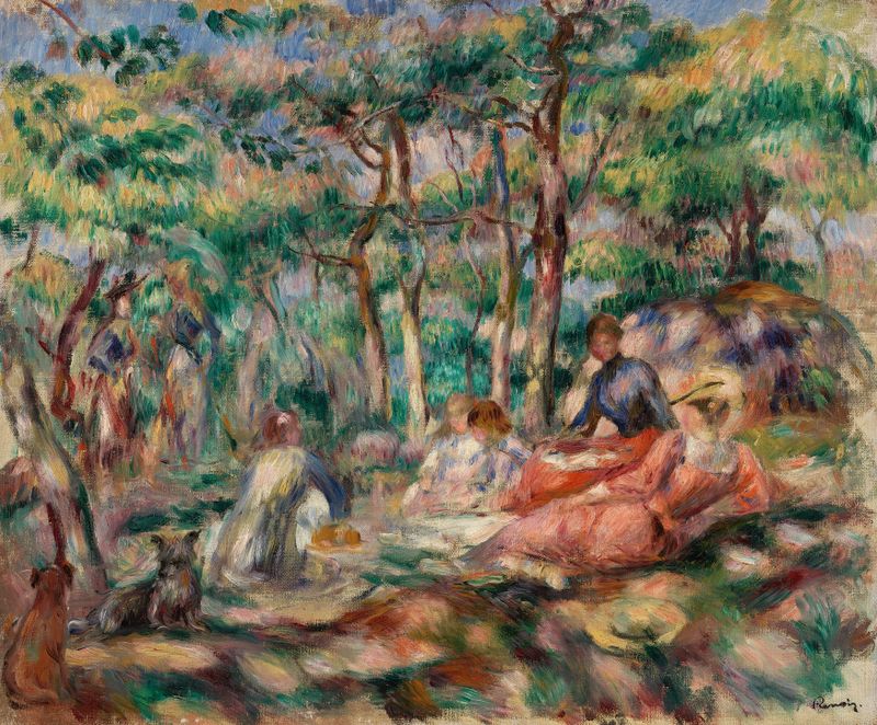 Picnic de Pierre-Auguste Renoir, pintura al óleo que muestra amigos bajo la luz del sol.