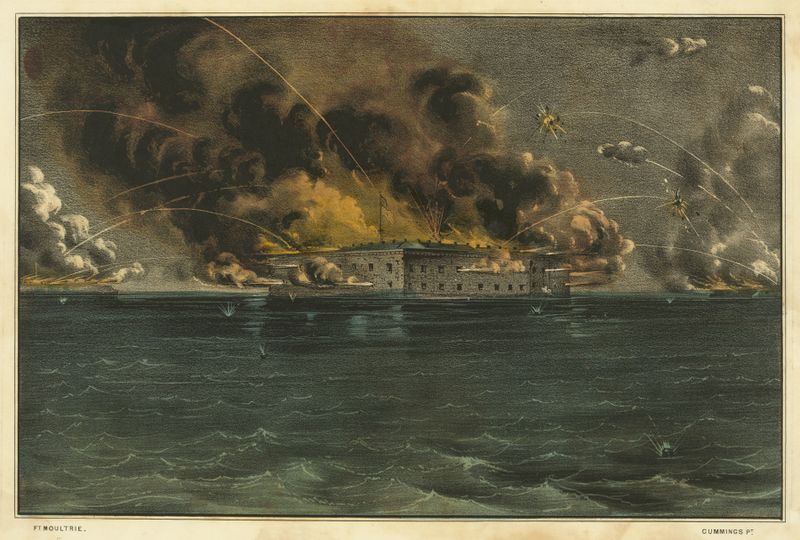Bombardment of Fort Sumter lithograph by Currier & Ives, depicting a fort and cannons against a stormy sky